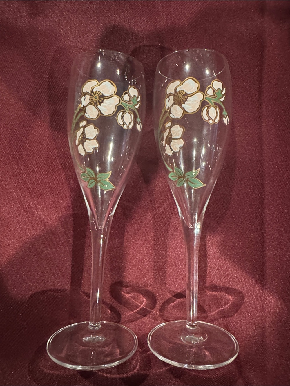 Perrier Jouet Floral Champagne Flutes - White & Green Flower Design - Set of 2